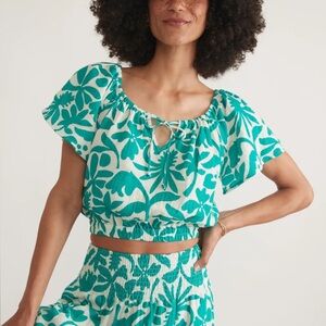 NWOT Marine Layer Tiana Double Cloth Cropped Blouse Teal Green/Cream Small